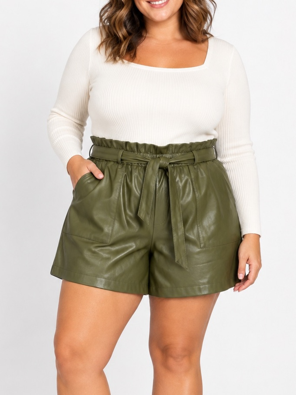 Olive Green Faux Leather Paperbag Waist Tie Shorts Plus Size 18/20W
